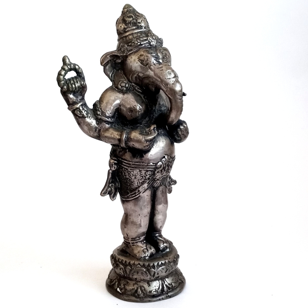 Antique Pewter Bronzed Brass Aged Silver Ganesh Statue 9" Tall - Picture 10 of 11
